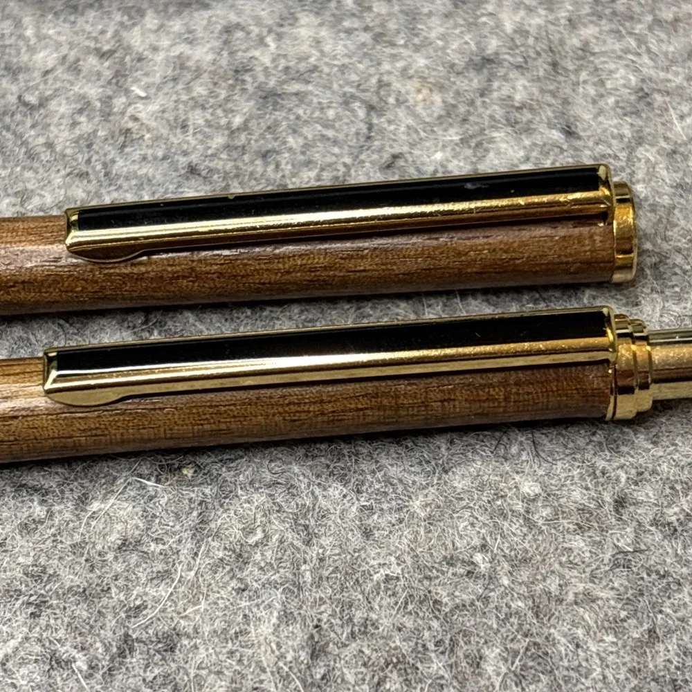 Vintage Wood Pen & Mechancal Pencil Set Gold Tone Trim Presentation Box